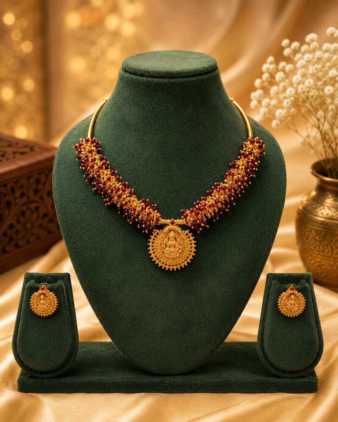 Antique Gold Lakshmi Pendant Ruby Bead Cluster Necklace Set | OL204