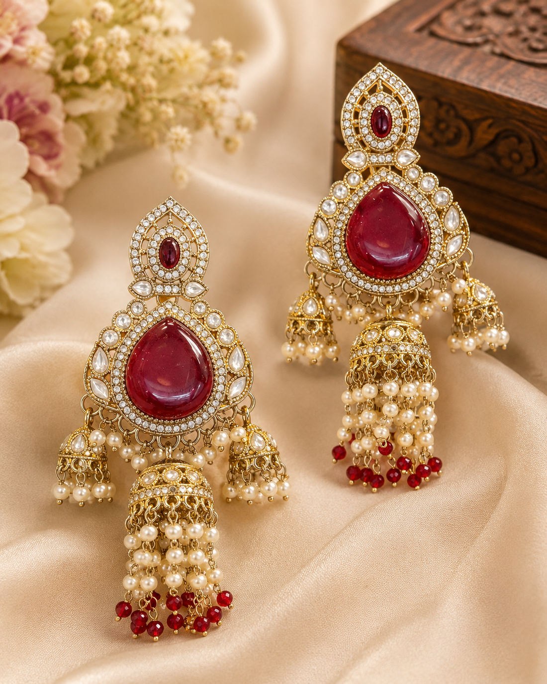 Gold Large Ruby Red Teardrop Polki CZ Double Jhumka Earrings | OLT111