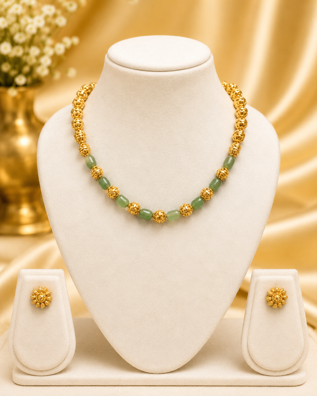 Antique Gold Filigree Ball Jade Green Bead Necklace Set | OL202