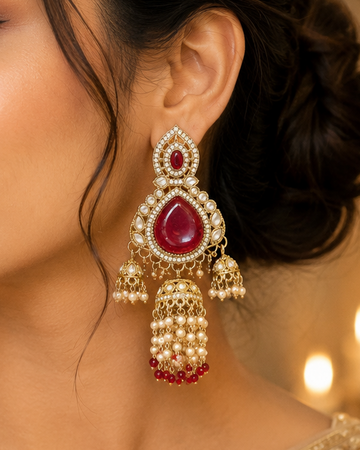 Gold Large Ruby Red Teardrop Polki CZ Double Jhumka Earrings | OLT111