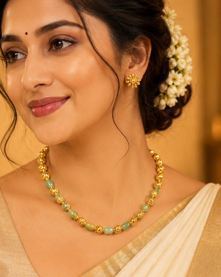 Antique Gold Filigree Ball Jade Green Bead Necklace Set | OL202
