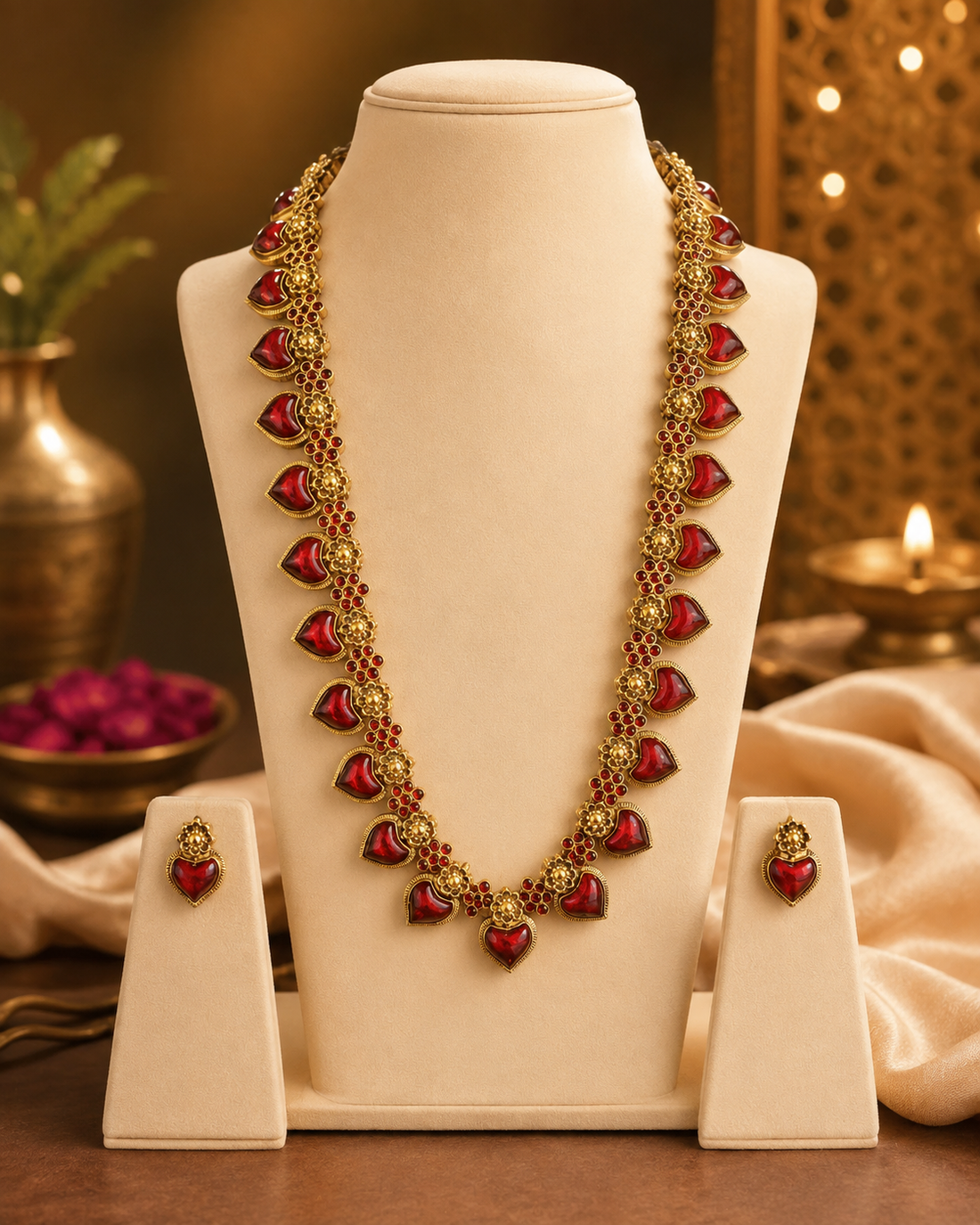 Antique Gold Red Kemp Mango Motif Long Haram Necklace Set | ONK251