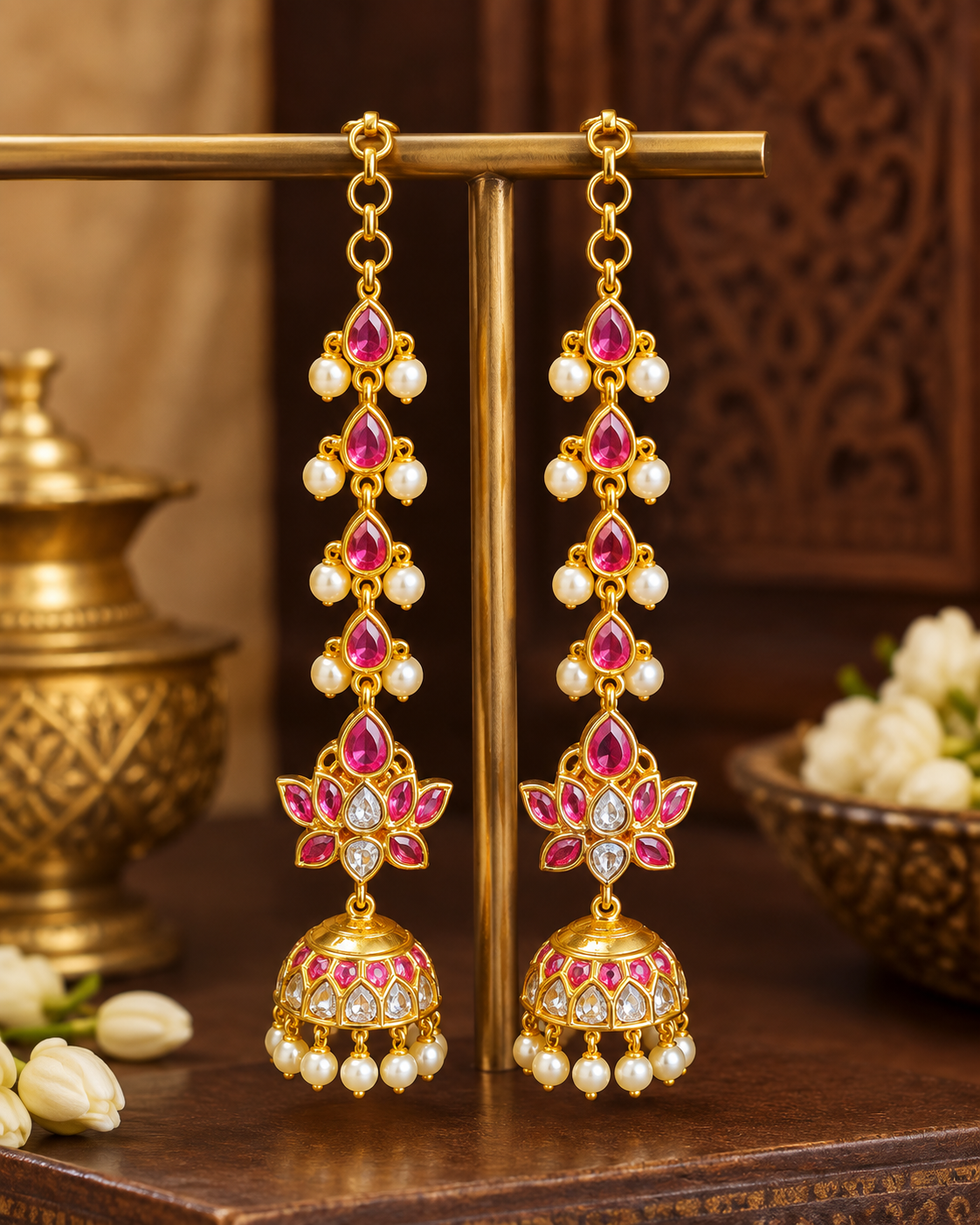 Antique Gold Ruby Kemp Cascade Lotus Jhumka Long Drop Earrings | ONK254