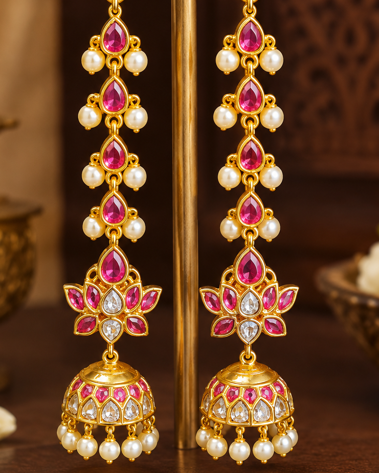 Antique Gold Ruby Kemp Cascade Lotus Jhumka Long Drop Earrings | ONK254