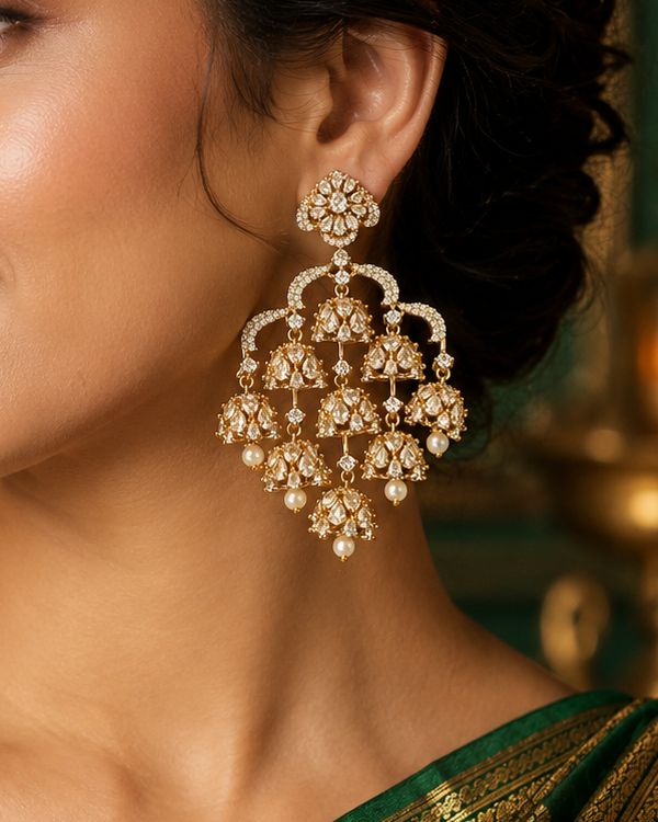 Gold Polki Diamond Chandelier Earrings with Pearl Drops | ONK231