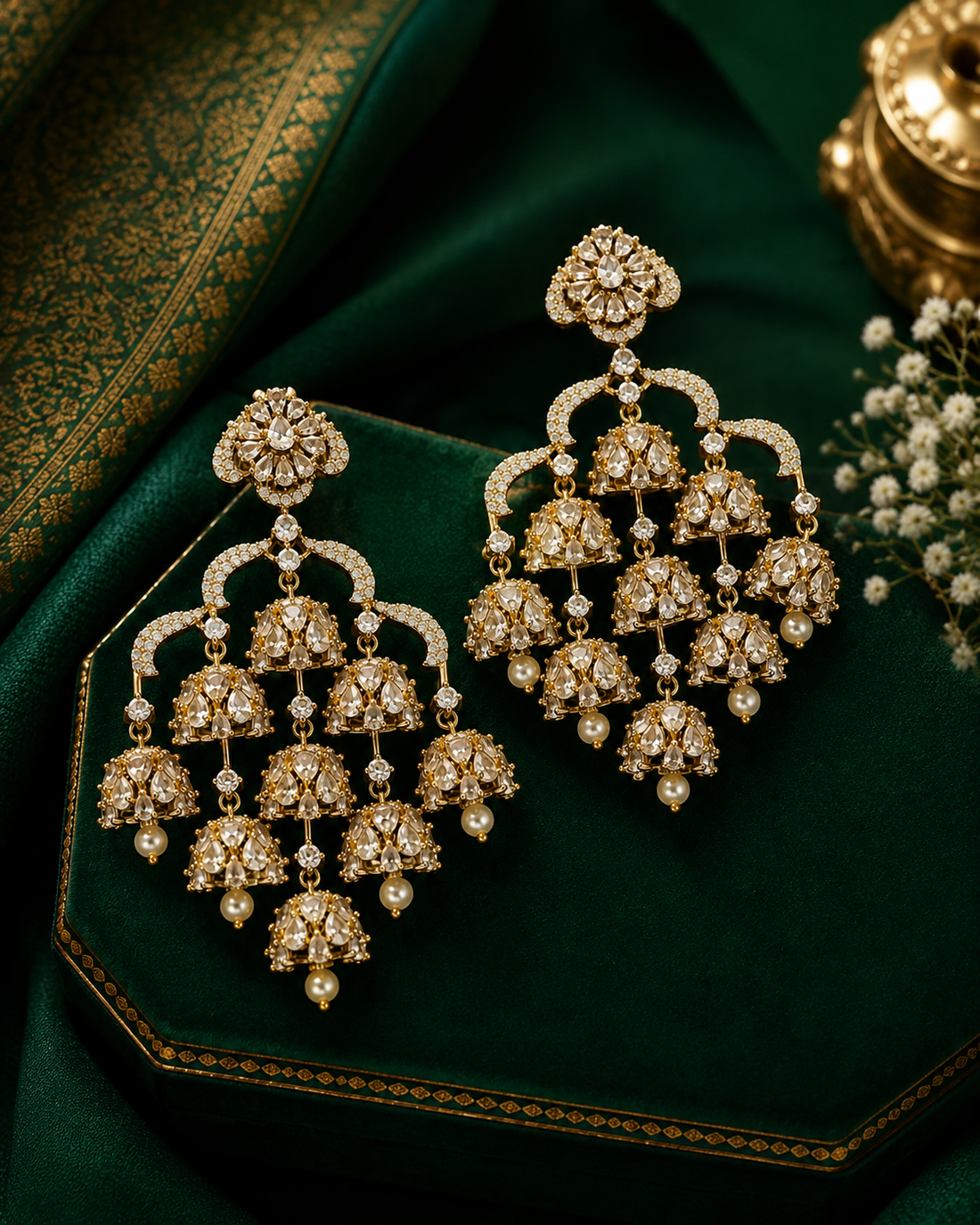 Gold Polki Diamond Chandelier Earrings with Pearl Drops | ONK231