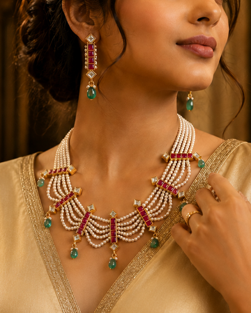 Multi-Strand Seed Pearl & Ruby Polki Draped Necklace Set | ONK242