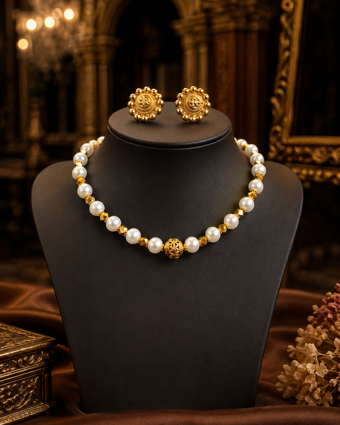 Pearl & Gold Filigree Ball Choker Necklace Set with Stud Earrings | ONK253