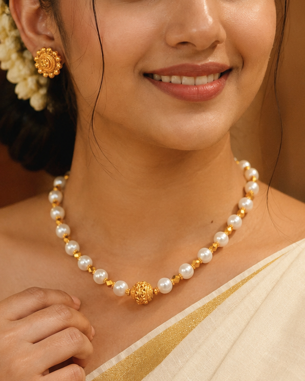 Pearl & Gold Filigree Ball Choker Necklace Set with Stud Earrings | ONK253