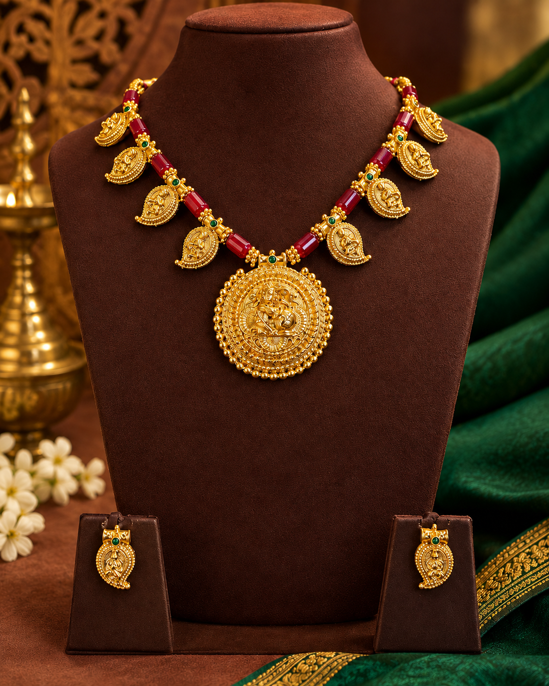 Antique Gold Nakshi Lakshmi Round Pendant Necklace Set | ONK250