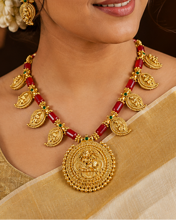 Antique Gold Nakshi Lakshmi Round Pendant Necklace Set | ONK250