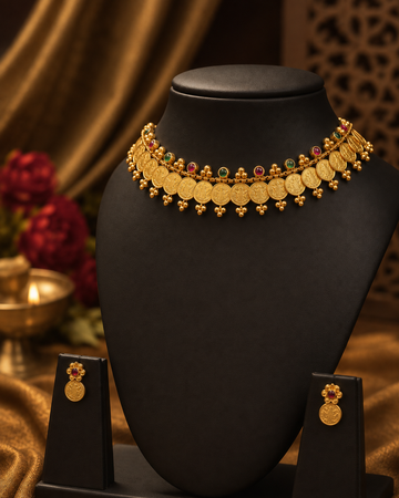 Antique Gold Lakshmi Coin Choker Necklace Set | OLDZN18
