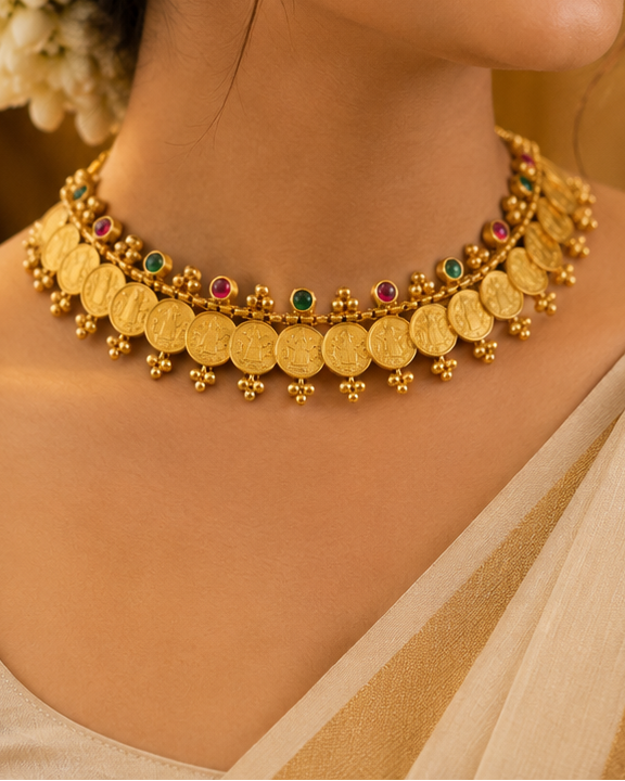 Antique Gold Lakshmi Coin Choker Necklace Set | OLDZN18