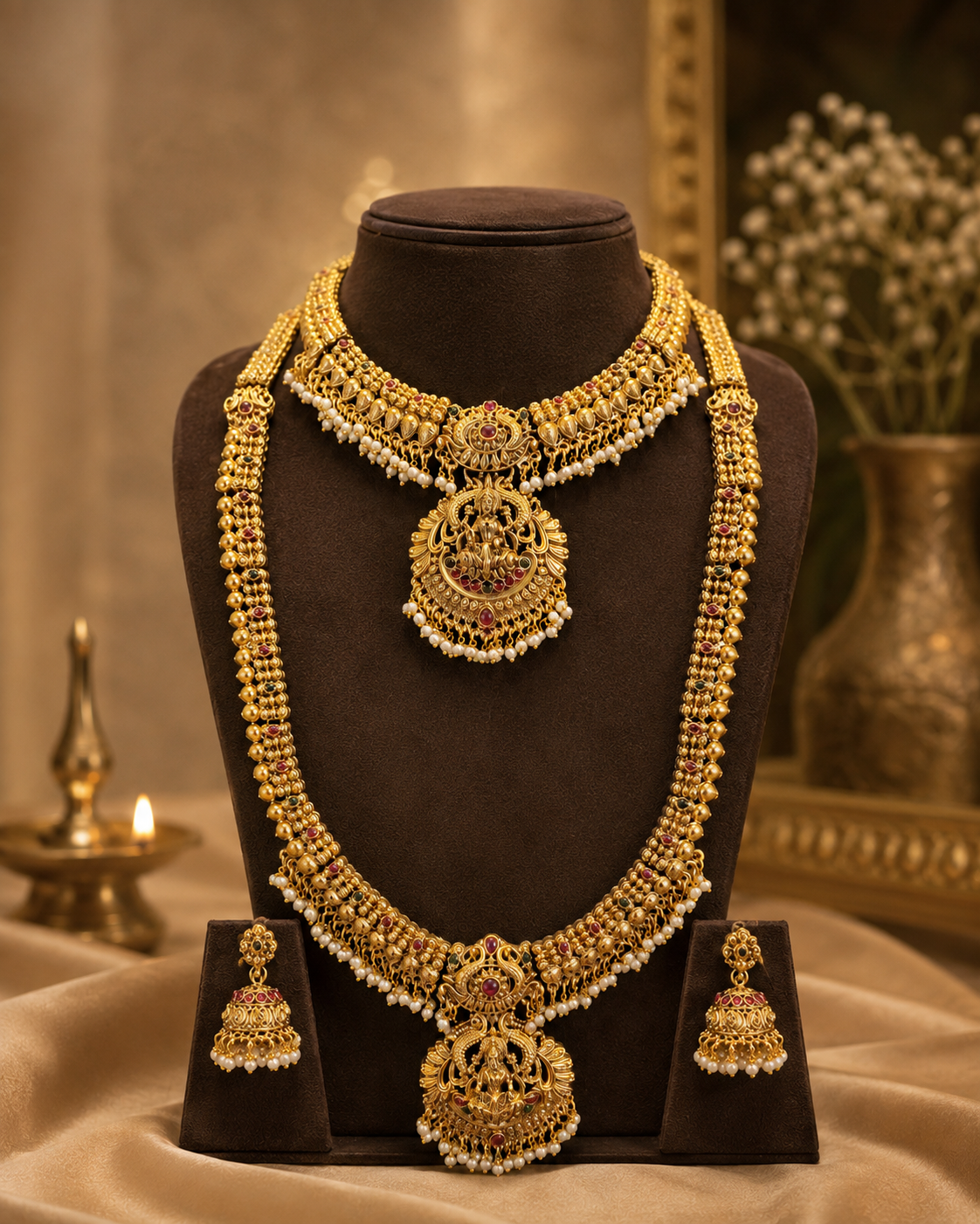 Antique Gold Nakshi Lakshmi Double Necklace Bridal Set | ONK233