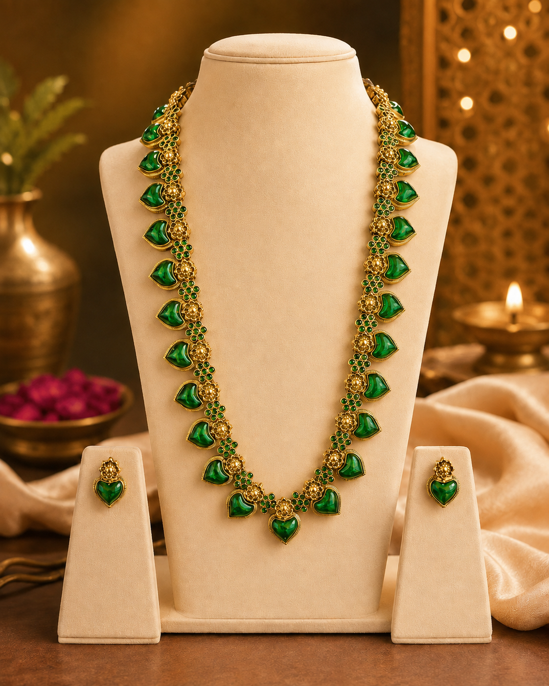 Antique Gold Red Kemp Mango Motif Long Haram Necklace Set | ONK251