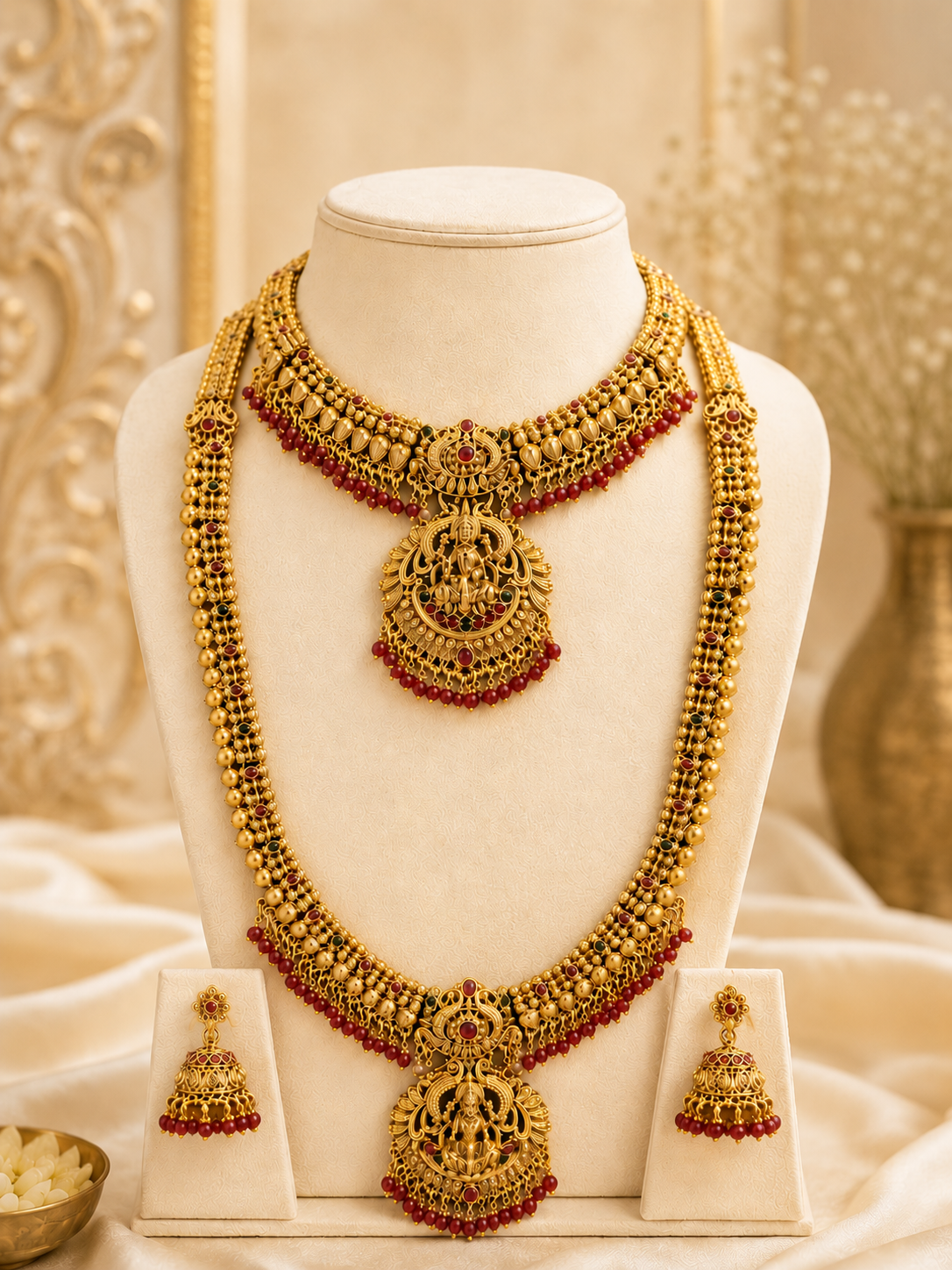Antique Gold Nakshi Lakshmi Double Necklace Bridal Set | ONK233