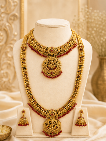 Antique Gold Nakshi Lakshmi Double Necklace Bridal Set | ONK233