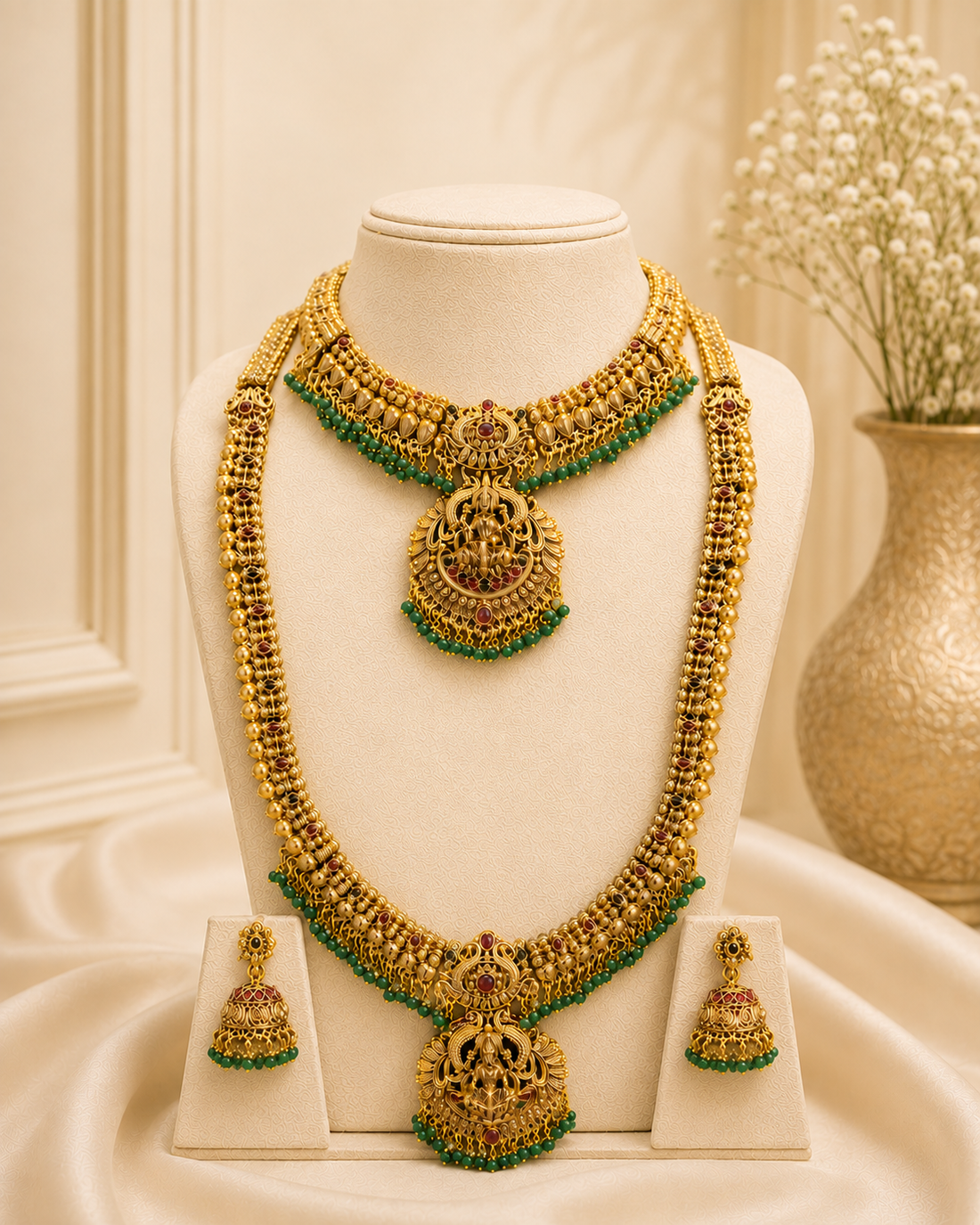 Antique Gold Nakshi Lakshmi Double Necklace Bridal Set | ONK233