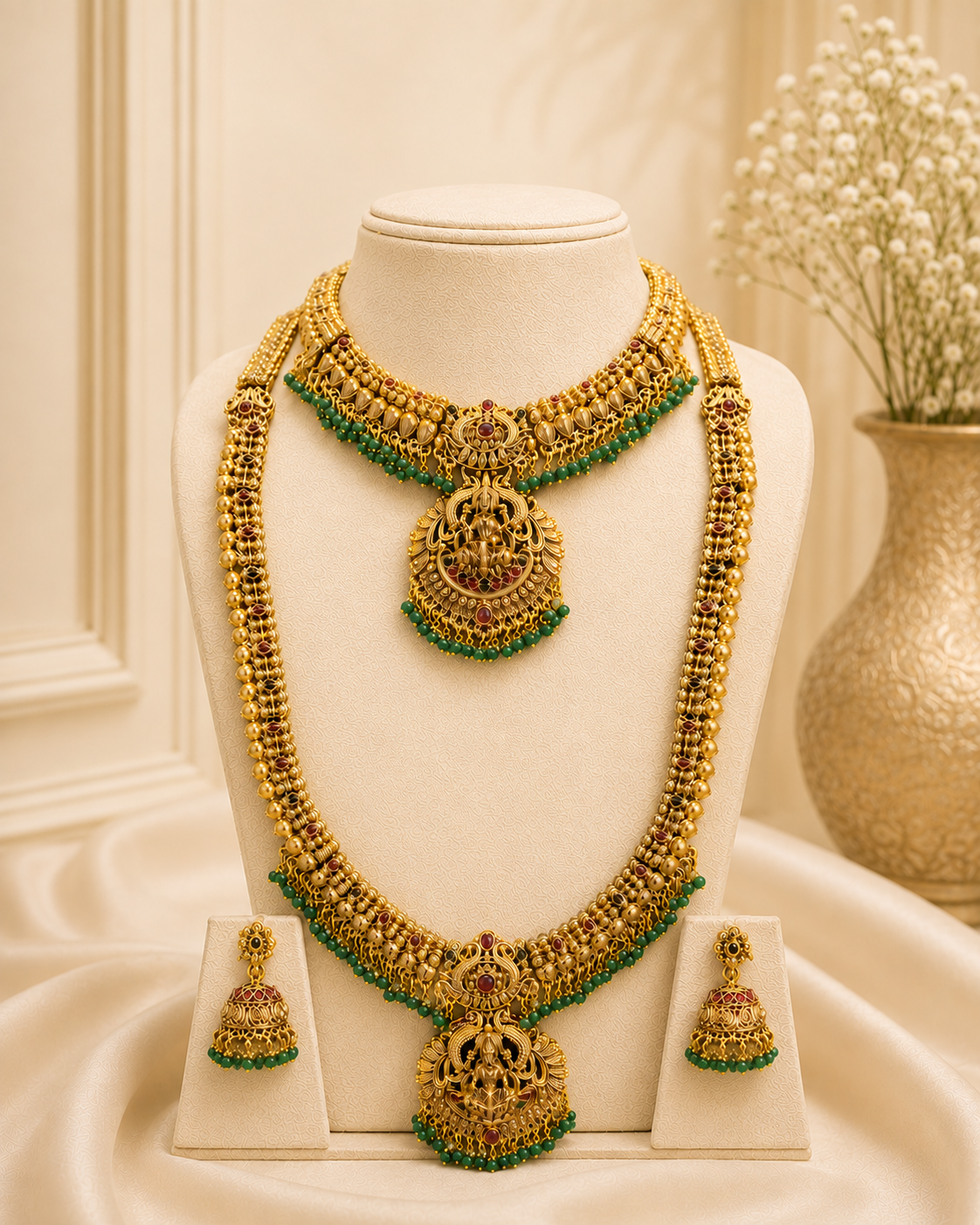 Antique Gold Nakshi Lakshmi Double Necklace Bridal Set | ONK233
