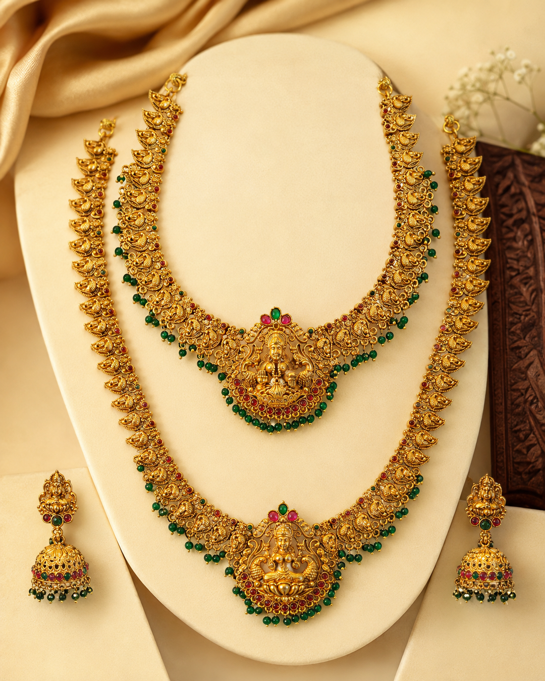 Antique Gold Nakshi Lakshmi Double Necklace Bridal Set | ONK235