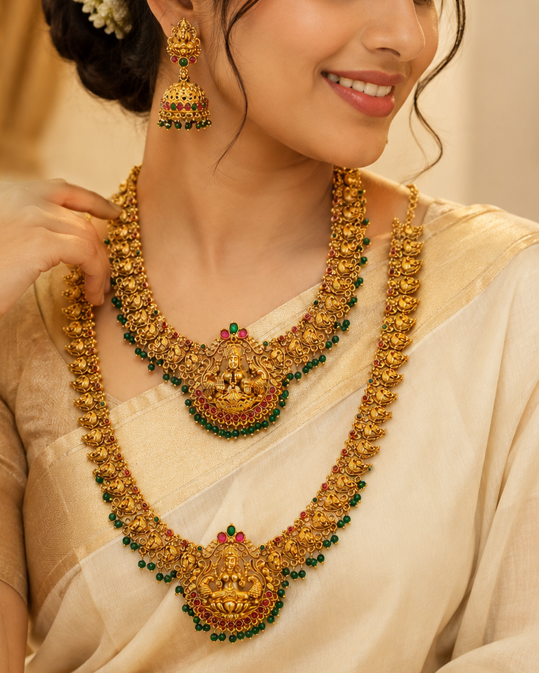 Antique Gold Nakshi Lakshmi Double Necklace Bridal Set | ONK235