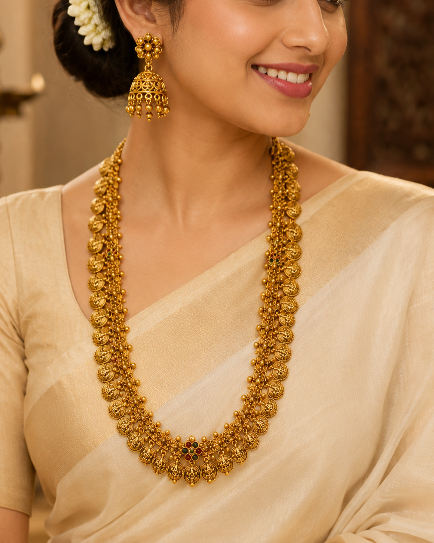 Antique Gold Coin Long Haram Necklace Set | ONK273