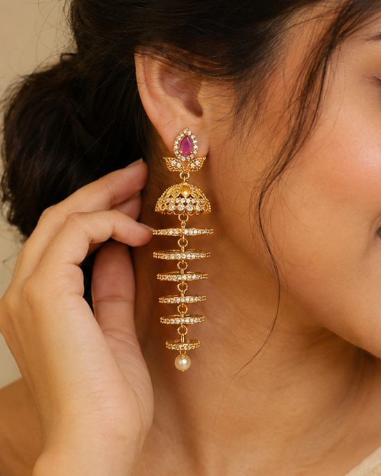 Gold CZ Ruby Teardrop Jhumka Earrings | LT467