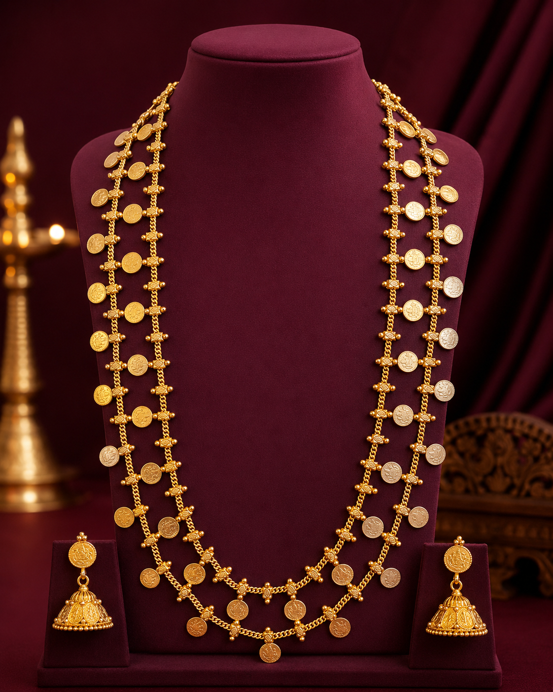 Antique Gold Coin Long Haram Necklace Set with Jhumka Earrings | ONK239