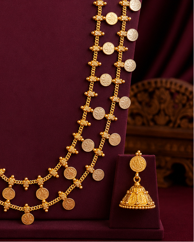 Antique Gold Coin Long Haram Necklace Set with Jhumka Earrings | ONK239