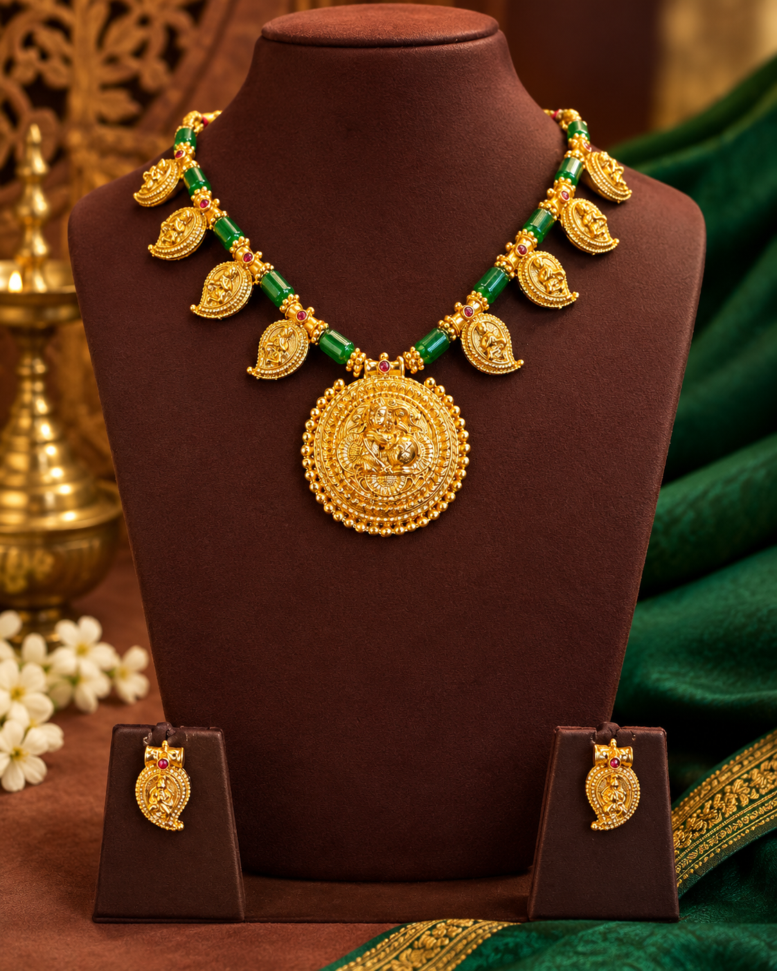 Antique Gold Round Pendant Necklace Set | ONK249