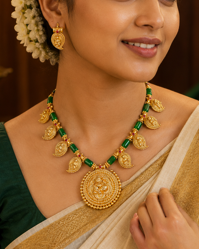 Antique Gold Round Pendant Necklace Set | ONK249