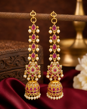 Antique Gold Ruby Teardrop & Lotus Jhumka Long Drop Earrings | ONK232