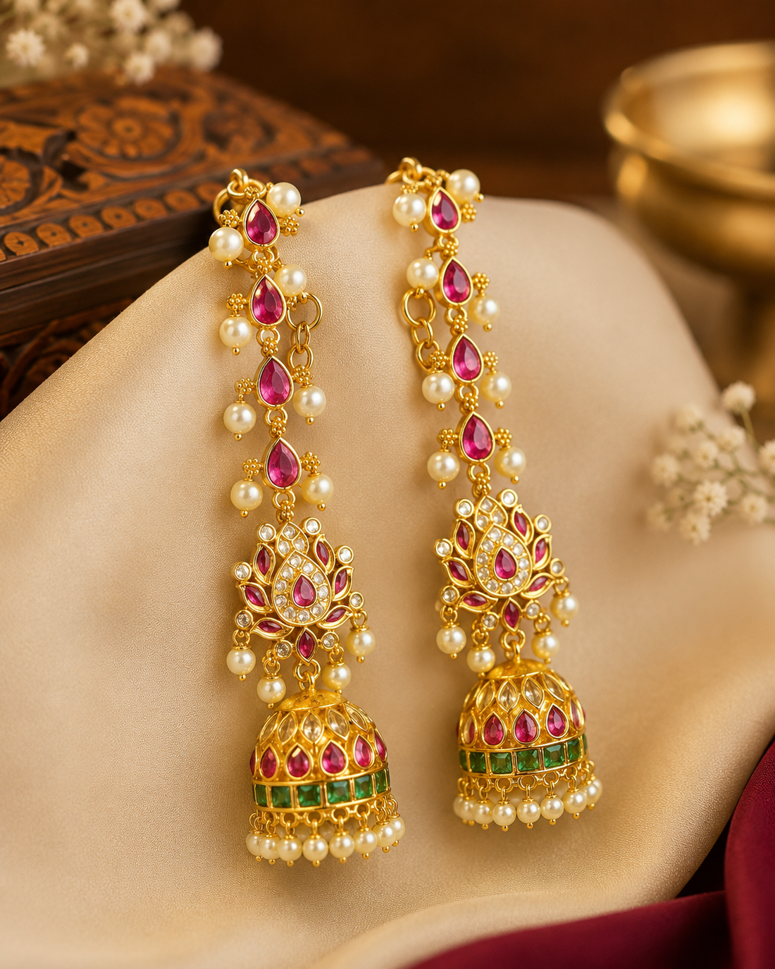 Antique Gold Ruby Teardrop & Lotus Jhumka Long Drop Earrings | ONK232
