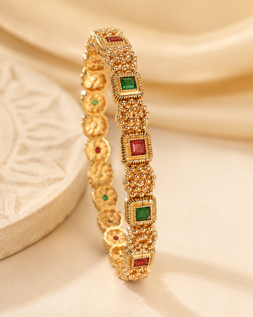 Antique Gold Ruby Emerald Square Stone Granulated Floral Bangle | LV2305