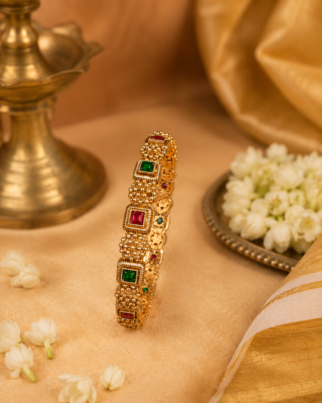 Antique Gold Ruby Emerald Square Stone Granulated Beaded Bangle | LV2305