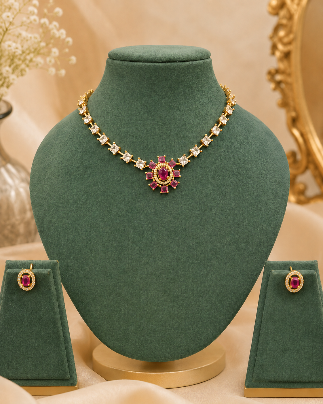 Gold White CZ Princess Square Tennis Chain Necklace Set with Emerald Ruby | ONK16