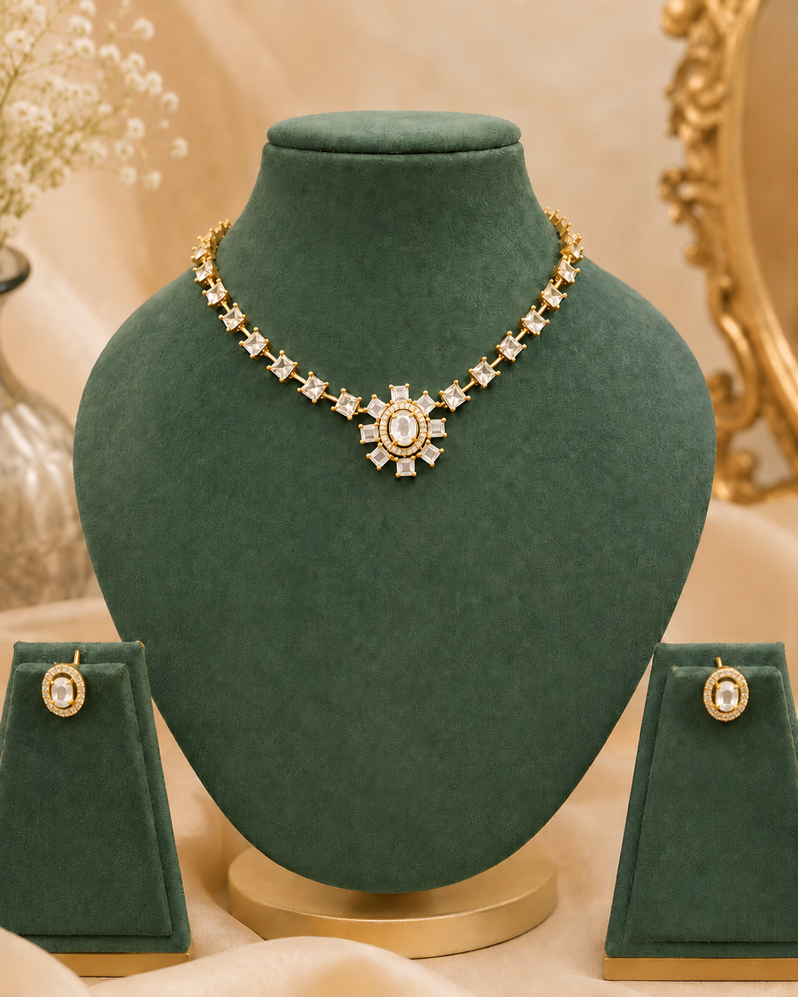 Gold White CZ Princess Square Tennis Chain Necklace Set with Emerald Ruby | ONK16