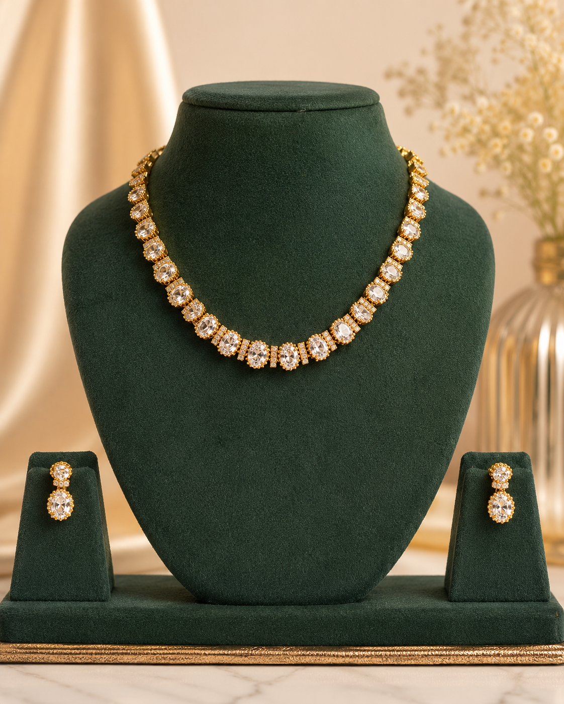 Gold White CZ Oval Cushion Cut Pave Halo Graduated Full Tennis Necklace Set | OL259