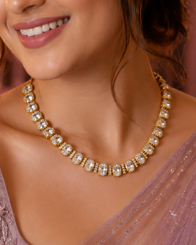 Gold White CZ Oval Cushion Cut Pave Halo Graduated Full Tennis Necklace Set | OL259