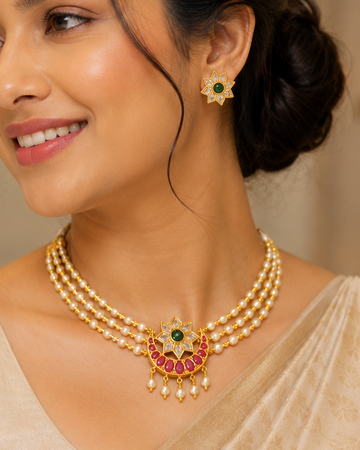 Gold Ruby Kemp Polki Kundan Crescent Moon Pearl Choker Necklace Set | OLT20