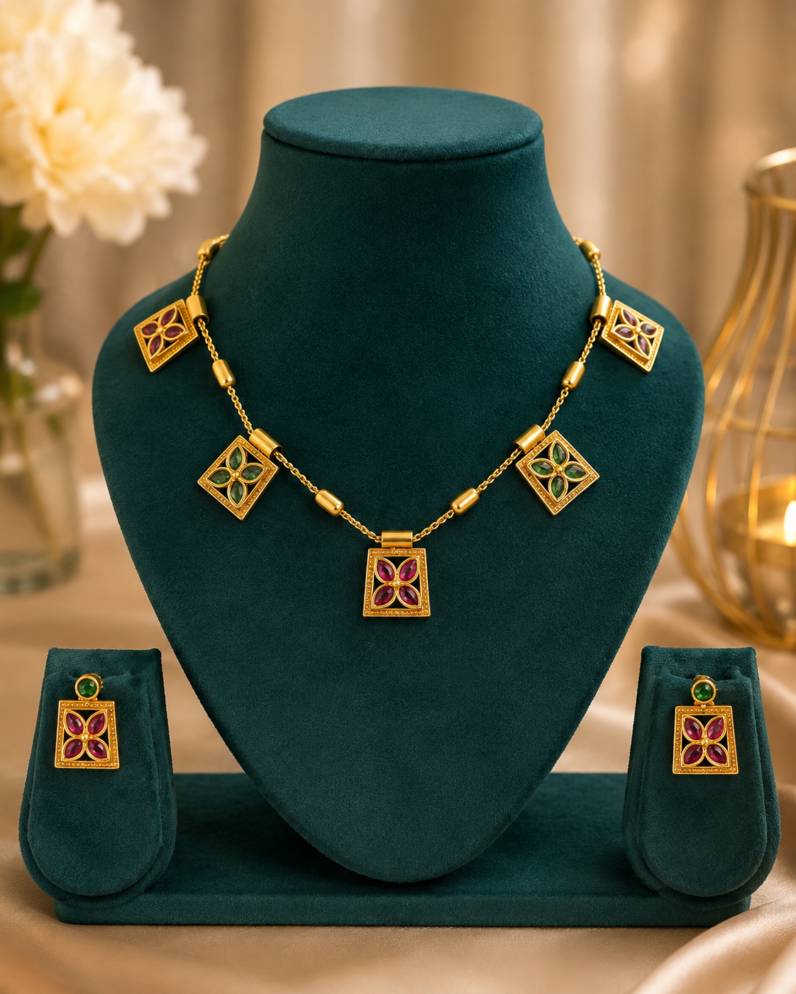Gold Ruby Marquise Flower Square Frame Station Necklace Set | OLT22