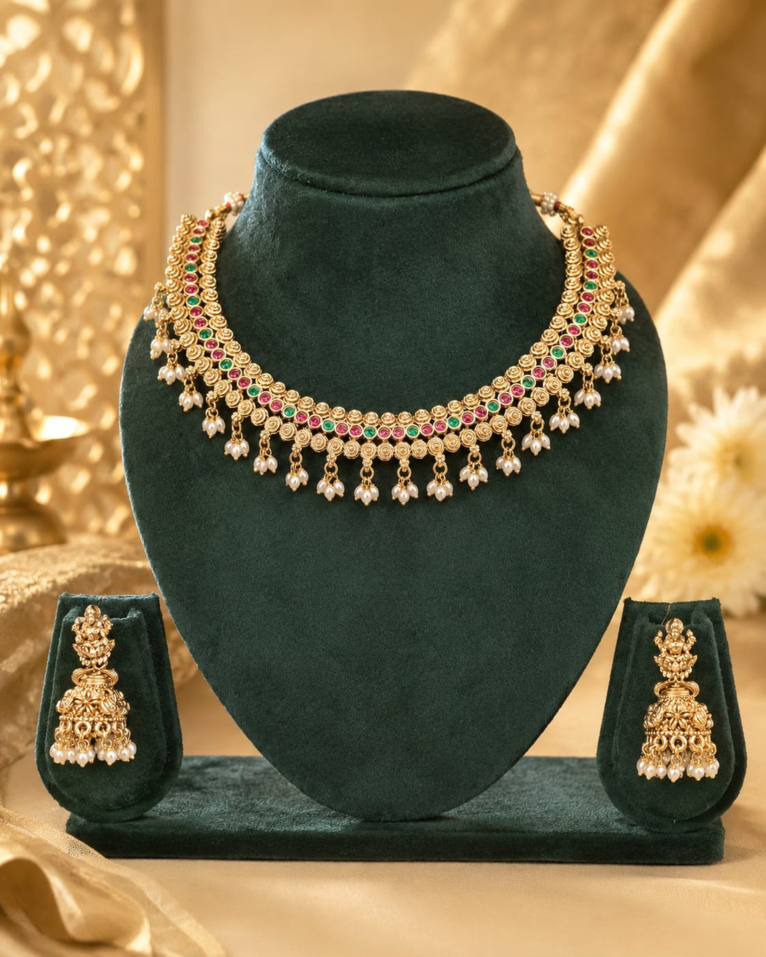 Antique Gold Ruby Emerald Spiral Motif Choker Necklace Set with Lakshmi Jhumkas | OL117