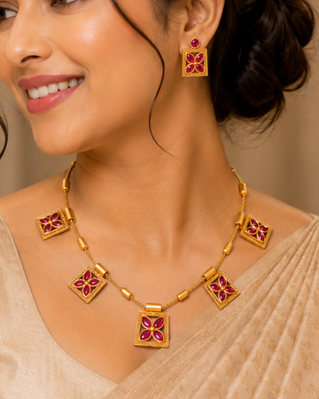 Gold Ruby Marquise Flower Square Frame Station Necklace Set | OLT22