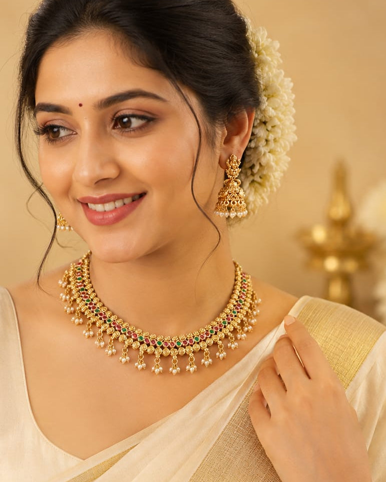 Antique Gold Ruby Emerald Spiral Motif Choker Necklace Set with Lakshmi Jhumkas | OL117