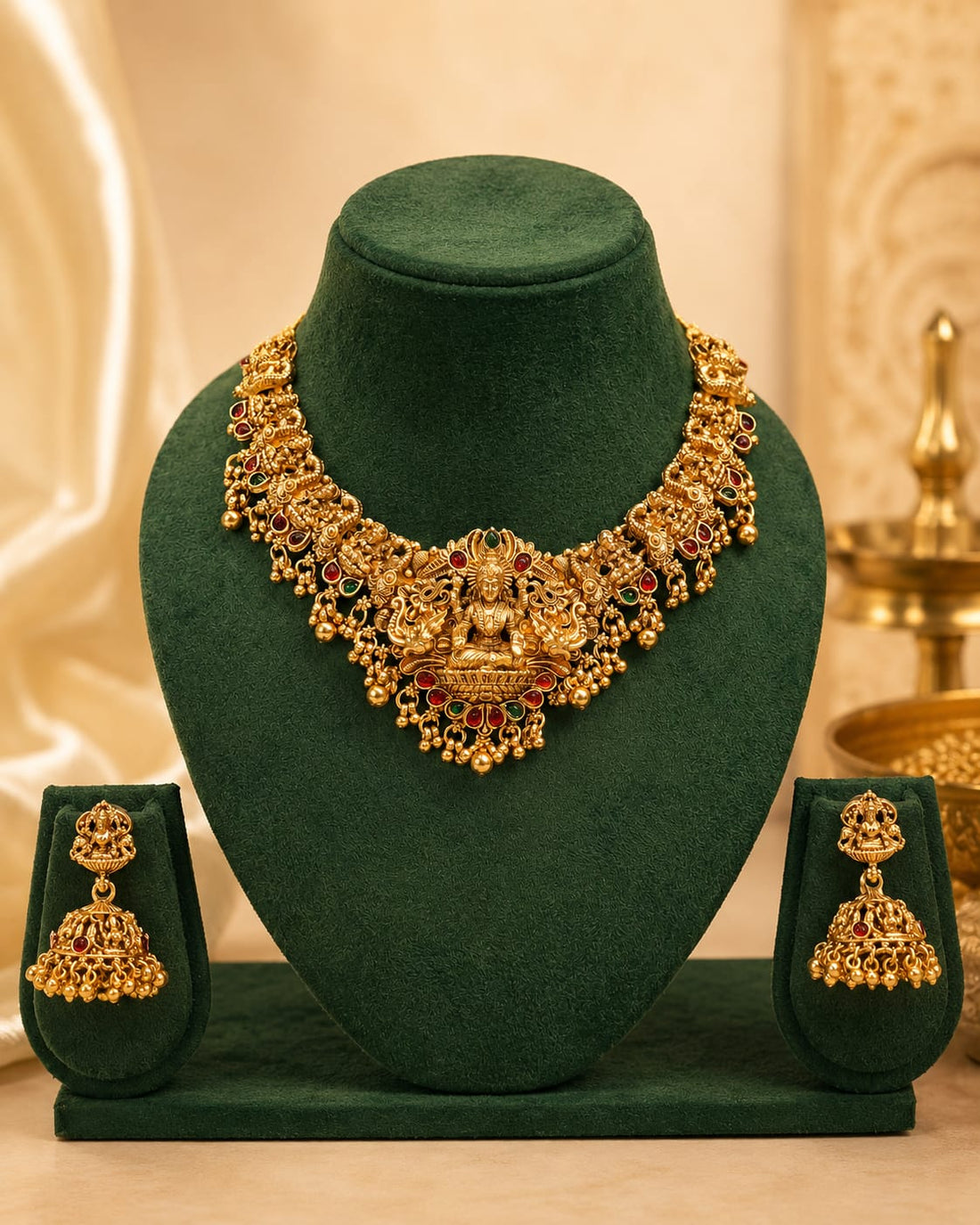 Antique Gold Nakshi Gajlakshmi Temple Necklace Set with Lakshmi Jhumkas | OL74