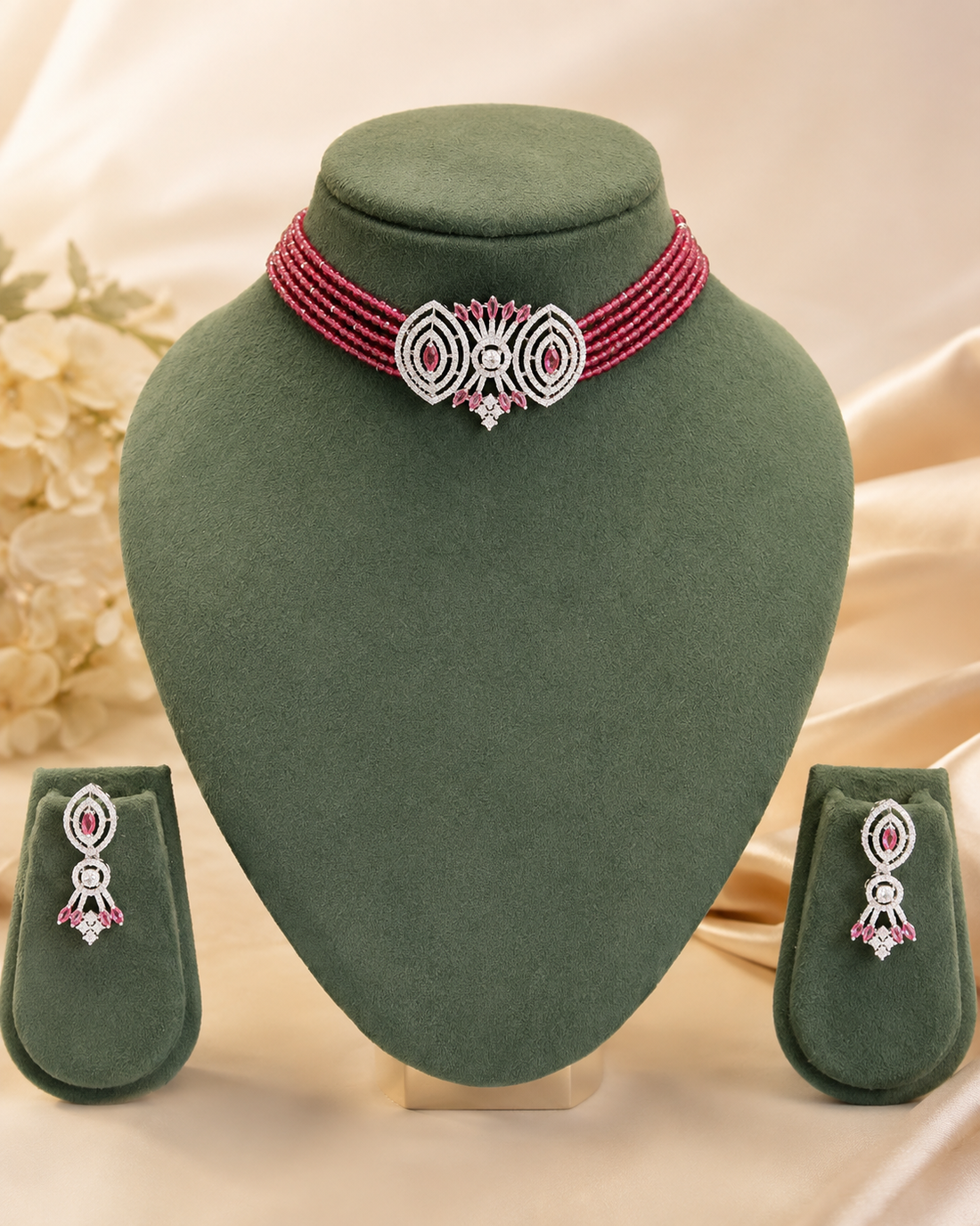 Silver Ruby Pink CZ Marquise Filigree Ruby Bead Choker Necklace Set | OLT14