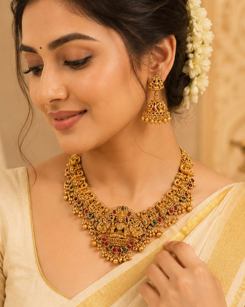 Antique Gold Nakshi Gajlakshmi Temple Necklace Set with Lakshmi Jhumkas | OL74