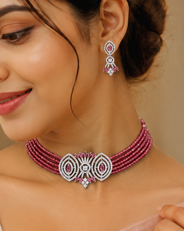 Silver Ruby Pink CZ Marquise Filigree Ruby Bead Choker Necklace Set | OLT14