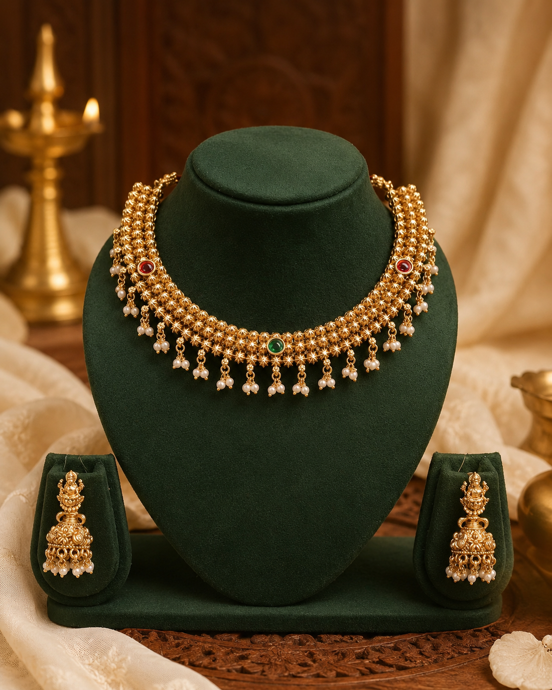 Antique Gold Granulated Star Flower Choker Necklace Set with Lakshmi Jhumkas | OL117