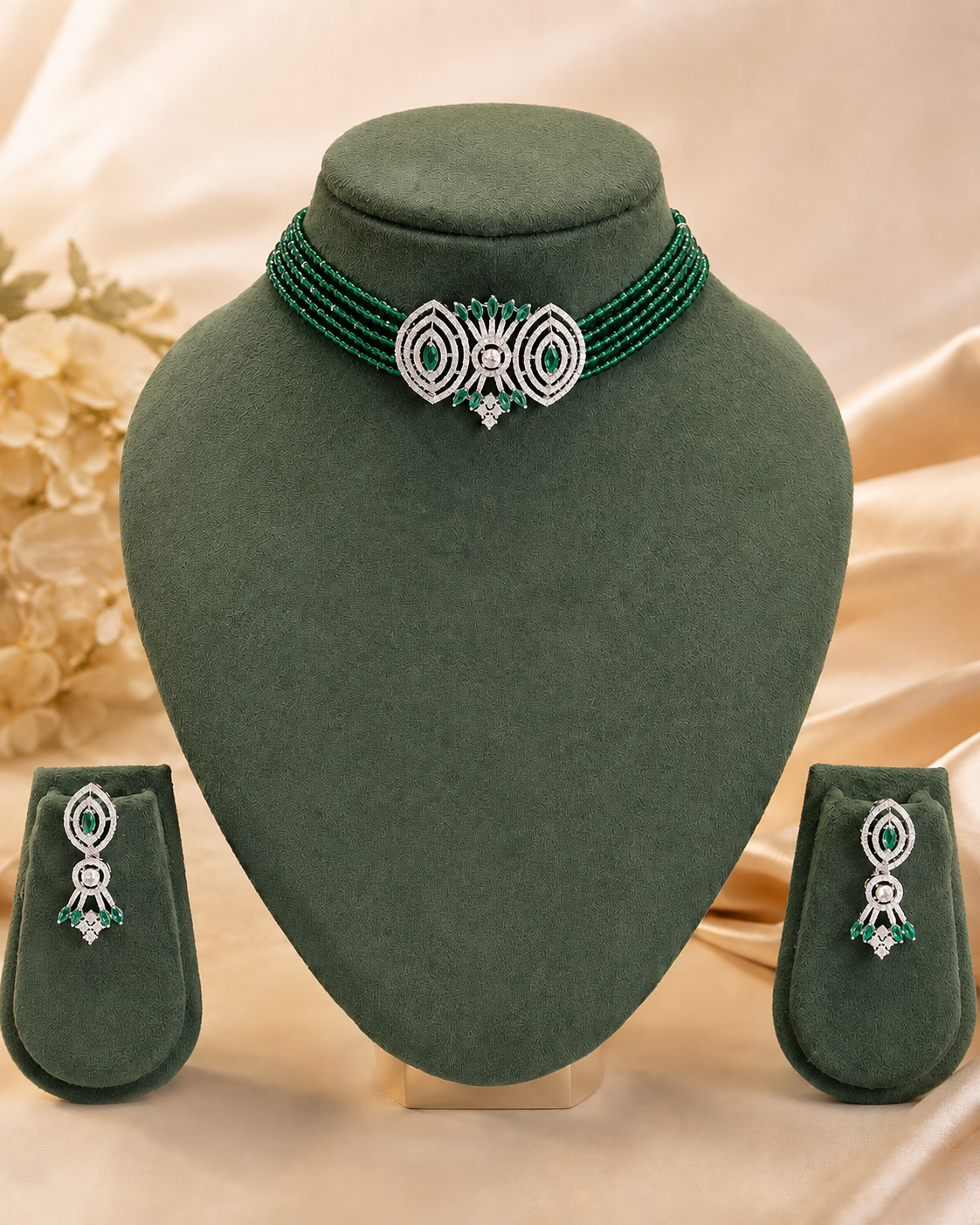 Silver Ruby Pink CZ Marquise Filigree Ruby Bead Choker Necklace Set | OLT14